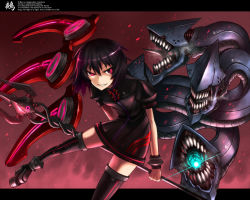 Rule 34 | 1girl, asymmetrical wings, black hair, black thighhighs, gia, houjuu nue, mechanical wings, monster, polearm, red eyes, short hair, solo, spear, thighhighs, touhou, trident, weapon, wings, zettai ryouiki