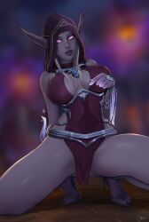 Rule 34 | 1girl, blonde hair, colored skin, elf, first arcanist thalyssra, glowing, glowing eyes, grey skin, looking at viewer, nightborne, non-web source, pointy ears, purple eyes, spread legs, squatting, thalyssra, warcraft, wide hips, world of warcraft, wow