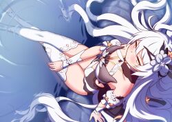 Rule 34 | 1girl, bare shoulders, blush, breasts, cleavage, closed mouth, daidailong, dress, flower, from above, full body, hair between eyes, hair flower, hair ornament, honkai (series), honkai impact 3rd, kiana kaslana, kiana kaslana (herrscher of the void), long hair, looking at viewer, looking up, medium breasts, official alternate costume, sitting, solo, thighhighs, toes, very long hair, water, white hair, white thighhighs, yellow eyes