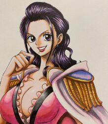 Rule 34 | 1girl, breasts, cleavage, coat, coat on shoulders, commentary request, daichan op, earrings, epaulettes, gion (one piece), half updo, highres, jewelry, long hair, looking at viewer, mole, mole under mouth, one piece, pink lips, pink shirt, purple eyes, shirt, sidelocks, simple background, smile, solo, upper body, white coat