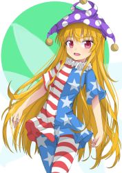 Rule 34 | 1girl, american flag dress, american flag legwear, blonde hair, clownpiece, fairy wings, hat, jester cap, long hair, looking at viewer, open mouth, pantyhose, pink eyes, smile, solo, striped clothes, striped pantyhose, touhou, uumaru1869, very long hair, wings