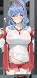Rule 34 | 1girl, absurdres, ako (track) (blue archive), blue archive, blue hair, breasts, commentary request, cowboy shot, haerge, hairband, highres, jacket, large breasts, long hair, midriff, off shoulder, open clothes, open jacket, purple eyes, red hairband, red shorts, shirt, short shorts, shorts, solo, standing, whistle, whistle around neck, white shirt