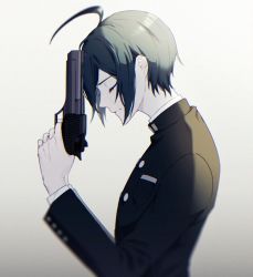 Rule 34 | 1boy, ahoge, black hair, black jacket, buttons, closed eyes, closed mouth, commentary request, danganronpa (series), danganronpa v3: killing harmony, desert eagle, from side, gradient background, grey background, gun, handgun, hands up, highres, holding, holding gun, holding weapon, illlight, jacket, long sleeves, male focus, own hands together, pistol, saihara shuichi, short hair, simple background, upper body, weapon