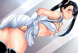 Rule 34 | 1girl, arrancar, ass, asymmetrical bangs, black hair, bleach, blush, breasts, clothes lift, daraz, highres, loly aivirrne, looking at viewer, looking back, medium breasts, navel, pleated skirt, red eyes, skirt, skirt lift, solo, stomach, thighhighs, two side up, white skirt