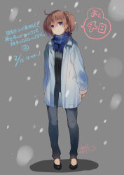 Rule 34 | 1girl, bespectacled, black footwear, black pants, black sweater, blue jacket, blue scarf, breasts, brown hair, closed mouth, dannoura tomochika, fringe trim, full body, glasses, grey background, hair between eyes, highres, jacket, naruse chisato, open clothes, open jacket, pants, purple eyes, ribbed sweater, scarf, shadow, shoes, simple background, small breasts, smile, sokushi cheat ga saikyou sugite isekai no yatsura ga marude aite ni naranai n desu ga, solo, standing, sweater, translation request, twintails