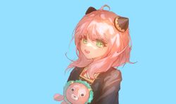 Rule 34 | 1girl, absurdres, ahoge, anya (spy x family), blue background, child, chimera, director chimera (spy x family), eden academy school uniform, from side, gold trim, green eyes, hairpods, highres, holding, holding stuffed toy, horns, looking at viewer, medium hair, open mouth, pink hair, school uniform, simple background, smile, solo, spy x family, stuffed toy, teeth, toy, upper body, upper teeth only, yuyinloujin