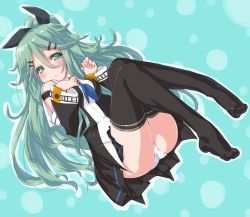 Rule 34 | 10s, 1girl, :&lt;, black thighhighs, blue background, dd (ijigendd), full body, green eyes, green hair, hair between eyes, hair ornament, hairclip, hands up, kantai collection, knees up, long hair, looking at viewer, no shoes, panties, pantyshot, solo, thighhighs, thighs, underwear, very long hair, yamakaze (kancolle)