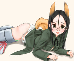 Rule 34 | 00s, 1girl, animal ears, bad id, bad pixiv id, black hair, glasses, long hair, lying, panties, scharfschutze, solo, strike witches, strike witches: kurenai no majo-tachi, suwa amaki, tail, underwear, world witches series