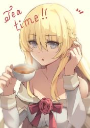 Rule 34 | 1girl, blonde hair, blue eyes, braid, collarbone, corset, cup, dress, drinking, english text, flower, french braid, kantai collection, long hair, long sleeves, looking at viewer, off-shoulder dress, off shoulder, omatu tea time, red flower, red ribbon, red rose, ribbon, rose, solo, tea, teacup, upper body, warspite (kancolle), white dress, yellow background