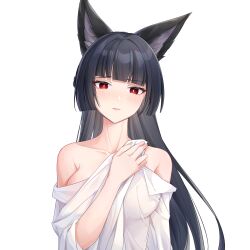 Rule 34 | 1girl, animal ears, bare shoulders, black hair, blunt bangs, breasts, closed mouth, fox ears, hamilundenongdizhe, highres, hime cut, hoshimi miyabi, long hair, looking at viewer, medium breasts, red eyes, shirt, simple background, solo, upper body, white background, white shirt, zenless zone zero