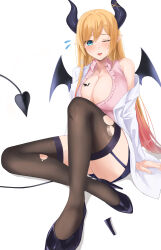 Rule 34 | 1girl, ;d, absurdres, bat tattoo, black footwear, black horns, black thighhighs, blonde hair, blue eyes, breast tattoo, breasts, cleavage, coat, commentary request, demon girl, demon horns, demon tail, demon wings, full body, garter belt, garter straps, gradient hair, high heels, highres, hololive, horn ornament, horn ring, horns, lab coat, large breasts, long hair, long sleeves, looking at viewer, multicolored hair, one eye closed, onemuikun-b, open clothes, open coat, open mouth, pink hair, pink shirt, pointy ears, shirt, simple background, sitting, sleeveless, sleeveless shirt, smile, solo, swept bangs, tail, tattoo, thighhighs, torn clothes, torn thighhighs, virtual youtuber, white background, white coat, winged heart, wings, yuzuki choco, yuzuki choco (1st costume)