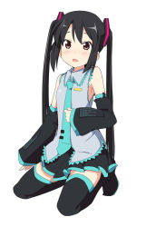 Rule 34 | 1girl, black hair, blush, brown eyes, cosplay, detached sleeves, fang, hatsune miku, hatsune miku (cosplay), ixy, k-on!, kneeling, long hair, nakano azusa, necktie, simple background, solo, thighhighs, twintails, vocaloid, zettai ryouiki