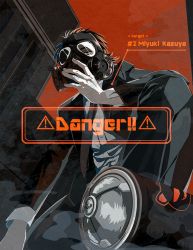 Rule 34 | 1boy, ace of diamond, black jacket, black pants, brown eyes, brown hair, english text, formal, gas mask, holding, holding mask, jacket, looking at viewer, male focus, mask, miyuki kazuya, na na roku, necktie, open clothes, open jacket, outdoors, pants, shirt, short hair, solo, spray, spray can, squatting, suit, white shirt