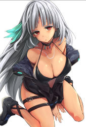 Rule 34 | 1girl, azur lane, bare shoulders, between legs, bikini, bikini top only, black bikini, black choker, black footwear, black jacket, breasts, choker, cleavage, closed mouth, collarbone, colored eyelashes, dark-skinned female, dark skin, eyelashes, facial mark, feather hair ornament, feathers, forehead mark, feather hair ornament, halterneck, halterneck, hand between legs, highres, jacket, kaede momiji, large breasts, long sleeves, looking at viewer, massachusetts (azur lane), native american, open clothes, open jacket, red eyes, silver hair, simple background, solo, swimsuit, thigh strap, thighs, v arms, white background