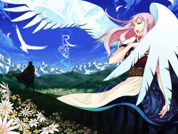 Rule 34 | angel wings, bird, blue eyes, day, feathers, long hair, megurine luka, open mouth, pink hair, skirt, sky, solo focus, song name, taichi17, vocaloid, wallpaper, watari taichi, wings