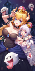 Rule 34 | 2girls, :d, absurdres, arm around neck, armlet, artist name, black dress, black nails, blonde hair, blue eyes, boo (mario), bowsette, bracelet, breasts, brooch, catxuan, claw pose, cleavage, collar, collarbone, commentary request, crown, dated, dress, earrings, fang, fingernails, frilled dress, frills, ghost, gloves, highres, horns, jewelry, large breasts, long fingernails, long hair, looking at viewer, luigi&#039;s mansion, mario (series), multiple girls, nail polish, new super mario bros. u deluxe, nintendo, open mouth, princess king boo, purple eyes, sharp teeth, silver hair, smile, spiked armlet, spiked bracelet, spiked collar, spikes, star (symbol), strapless, strapless dress, super crown, teeth, tongue, tongue out, white dress, white gloves
