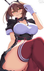Rule 34 | 1girl, black skirt, blush, breasts, brown hair, cleavage, collarbone, gloves, green eyes, grin, hand in own hair, headgear, highres, kantai collection, large breasts, looking at viewer, midriff, mutsu (kancolle), mutsu kai ni (kancolle), parted lips, pleated skirt, red thighhighs, short hair, shrug (clothing), simple background, sitting, skirt, smile, solo, striped clothes, striped skirt, thighhighs, thighs, utsumi karmin, white background, white gloves