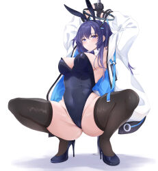 Rule 34 | 1girl, absurdres, animal ears, arms up, black gloves, blue archive, bow, bowtie, breasts, cameltoe, covered navel, fake animal ears, full body, gloves, groin, halo, high heels, highres, jacket, large breasts, legs apart, leotard, parted lips, playboy bunny, pole, purple eyes, purple hair, rabbit ears, solo, squatting, stripper pole, thighhighs, thighs, white jacket, yoru0409, yuuka (blue archive)