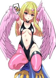 Rule 34 | 1girl, ?, absurdres, blonde hair, blush, breasts, covered erect nipples, cowboy shot, duel monster, feathered wings, feathers, hair ornament, harigane shinshi, harpie girl (yu-gi-oh!), harpy, heart, heart hair ornament, highres, large breasts, long hair, monster girl, open mouth, pink feathers, pink wings, purple eyes, solo, winged arms, wings, yu-gi-oh!