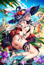 Rule 34 | 3girls, age of ishtaria, ass, beach, bikini, black bikini, blonde hair, blue eyes, blue sky, breasts, chain, chibi, cloud, commentary request, company name, copyright name, copyright notice, cup, day, dolphin, feet out of frame, flower, food, hair flower, hair ornament, hat, hat flower, hibiscus, highres, holding, holding cup, ice cream, large breasts, long hair, looking at viewer, lying, micro bikini, multicolored nails, multiple girls, nail polish, nemusuke, o-ring, ocean, off shoulder, official art, on side, outdoors, palm tree, partially submerged, petals, pulled by self, purple eyes, rose, sand castle, sand sculpture, shoes, side-tie bikini bottom, silver hair, sky, solo focus, sparkle, string pull, sweat, swimsuit, thigh strap, thong, thong bikini, tongue, tongue out, tree, water