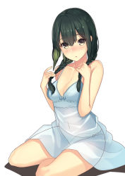 Rule 34 | 1girl, :o, adjusting hair, bare arms, bare shoulders, blush, bow, bow panties, braid, breasts, camisole, cleavage, green eyes, green hair, hands up, head tilt, highres, kagematsuri, looking at viewer, matching hair/eyes, navel, open mouth, original, panties, see-through, simple background, sitting, solo, spaghetti strap, stomach, twin braids, underwear, white background, yokozuwari