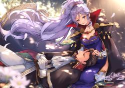 Rule 34 | 1boy, 1girl, absurdres, artist name, ascot, black hair, breasts, choker, commission, commissioner upload, couple, fire emblem, fire emblem: genealogy of the holy war, fire emblem: thracia 776, fire emblem heroes, gloves, hair ornament, hand in own hair, highres, ishtar (fire emblem), jewelry, lap pillow, long hair, looking at another, necklace, nintendo, purple eyes, purple hair, reinhardt (fire emblem), resolution mismatch, scenery, second-party source, skeb commission, sleeping, smile, source smaller, tree, very long hair, watermark, wawatiku