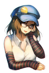 Rule 34 | 1girl, bare shoulders, bespectacled, blouse, blue eyes, blue hat, bridal gauntlets, brown hair, fingerless gloves, glasses, gloves, hat, looking at viewer, marie (persona 4), mukka, persona, persona 4, persona 4 the golden, semi-rimless eyewear, shirt, short hair, solo, tongue, tongue out, upper body, white shirt