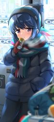 Rule 34 | 1girl, absurdres, beanie, black hat, black pants, blue hair, blue jacket, blush, breath, can, closed mouth, commentary request, fringe trim, gloves, hand in pocket, hand up, hat, highres, hizuki yayoi, holding, holding can, jacket, long sleeves, looking at viewer, pants, purple eyes, red gloves, scarf, shima rin, solo, vending machine, winter, yurucamp
