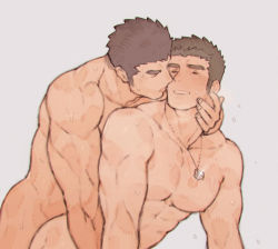 Rule 34 | 2boys, abs, alternate costume, anal, ass, bad id, bad pixiv id, bara, black hair, blush, brown hair, chataro1412, completely nude, couple, imminent kiss, jewelry, large pectorals, male focus, male penetrated, motoori shiro, multiple boys, muscular, muscular male, necklace, nipples, no eyewear, nude, out-of-frame censoring, pectorals, protagonist 3 (housamo), sex, short hair, sweat, thick eyebrows, tokyo houkago summoners, tongue, tongue out, water drop, whistle, whistle around neck, yaoi