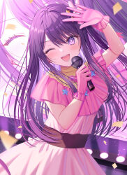 Rule 34 | 1girl, :d, arm up, blush, capelet, chromatic aberration, cowboy shot, dancing, dress, earrings, eyelashes, eyes visible through hair, gloves, hair between eyes, hair ornament, hair spread out, happy, head tilt, heart, heart earrings, highres, holding, holding microphone, hoshino ai (oshi no ko), idol, izumo neru, jewelry, light particles, long hair, looking at viewer, microphone, music, one eye closed, open mouth, oshi no ko, pink capelet, pink dress, pink gloves, purple eyes, purple hair, rabbit hair ornament, sidelighting, sidelocks, singing, smile, solo, spotlight, stage, standing, star-shaped pupils, star (symbol), star hair ornament, star ornament, straight hair, symbol-shaped pupils, teeth, very long hair