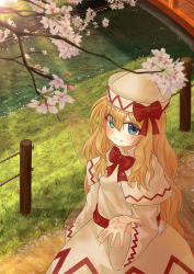 Rule 34 | 1girl, absurdres, blonde hair, blue eyes, bow, branch, bridge, capelet, cherry blossoms, commentary request, day, dress, ekaapetto, expressionless, eyes visible through hair, fairy wings, from above, grass, hand up, hat, hat ribbon, highres, holding, holding petal, lily white, long hair, long sleeves, looking at viewer, looking up, open hand, outdoors, petals, red bow, red neckwear, ribbon, road, solo, standing, stream, touhou, very long hair, white capelet, white dress, white hat, wide sleeves, wings