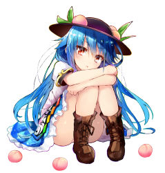 Rule 34 | 1girl, :t, bare legs, black hat, blue hair, blue skirt, boots, brown footwear, commentary request, efe, food, fruit, hat, hinanawi tenshi, knees together feet apart, knees up, long hair, looking at viewer, md5 mismatch, miniskirt, panties, pantyshot, peach, pink panties, pout, puffy short sleeves, puffy sleeves, red eyes, resolution mismatch, shirt, short sleeves, simple background, sitting, skirt, solo, source smaller, touhou, underwear, very long hair, white background, white shirt