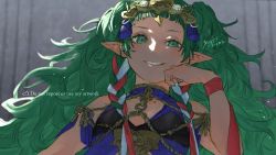 Rule 34 | 1girl, 91007, artist name, bare shoulders, blue dress, blunt bangs, blurry, blurry background, braid, breasts, breasts apart, commentary, dress, eyelashes, fire emblem, fire emblem: three houses, from below, green eyes, green hair, grin, hand on own cheek, hand on own face, head rest, headpiece, highres, light particles, long hair, looking at viewer, nintendo, pointy ears, red ribbon, ribbon, ribbon braid, side braid, sidelighting, small breasts, smile, solo, sothis (fire emblem), tiara, twin braids, twitter username, upper body