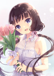 Rule 34 | 1girl, :d, absurdres, bare arms, bare shoulders, blend s, blue eyes, blush, bouquet, breasts, brown hair, collared dress, commentary request, dated, dress, flower, head tilt, highres, holding, holding bouquet, long hair, low twintails, neki (wakiko), open mouth, pink flower, round teeth, sakuranomiya maika, see-through, sleeveless, sleeveless dress, small breasts, smile, solo, teeth, twintails, twitter username, upper teeth only, very long hair, white dress
