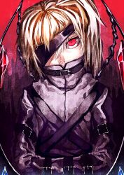 Rule 34 | 1girl, alternate costume, blonde hair, bound, bound arms, covered mouth, crystal, eyepatch, flandre scarlet, highres, looking at viewer, medium hair, one eye covered, one side up, red eyes, restrained, slit pupils, solo, straitjacket, touhou, u u zan, upper body, wings