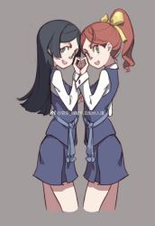 Rule 34 | 10s, 2girls, barbara parker, black hair, blush, brown hair, commentary request, cowboy shot, green eyes, hannah england, heart, heart hands, highres, little witch academia, looking at viewer, multiple girls, ponytail, qiongsheng, school uniform, short eyebrows, smile, symmetrical hand pose
