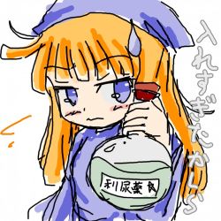 Rule 34 | 1girl, blonde hair, blue eyes, blue hat, blue robe, blush, female focus, flask, hand up, hat, holding, japanese text, jirene, long hair, long sleeves, looking away, looking to the side, lowres, potion, puyopuyo, robe, simple background, sketch, solo, sweatdrop, text focus, translation request, upper body, white background, witch (puyopuyo)
