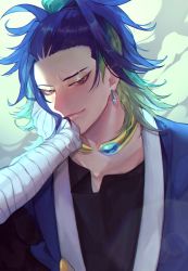Rule 34 | 1boy, adaman (pokemon), black shirt, blue coat, blue hair, brown eyes, closed mouth, coat, collar, commentary request, creatures (company), earrings, eyebrow cut, eyelashes, fujinagi (asutaf), game freak, glint, green hair, head rest, highres, jewelry, male focus, multicolored hair, neck ring, nintendo, open clothes, open coat, pokemon, pokemon legends: arceus, shirt, smile, solo, upper body
