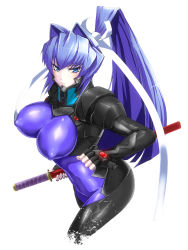 Rule 34 | 1girl, bad id, bad pixiv id, blue bodysuit, blue eyes, blush, bodysuit, breasts, covered erect nipples, erobouzu, highres, impossible bodysuit, impossible clothes, katana, large breasts, long hair, mitsurugi meiya, muv-luv, nipples, pilot suit, ponytail, risutan, shiny clothes, skin tight, solo, sword, very long hair, weapon