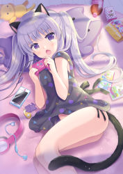 Rule 34 | 1girl, animal ears, ass, bag, bare arms, black dress, black panties, blush, bottomless, breasts, cat ears, cat girl, cat tail, cellphone, cellphone charm, charm (object), commentary request, controller, dress, fang, feet out of frame, game controller, hands up, headphones, headphones removed, highres, holding, hoshimame mana, long hair, looking at viewer, medium breasts, no pants, open mouth, original, panties, phone, purple eyes, purple hair, side-tie panties, sleeveless, sleeveless dress, soda bottle, stuffed animal, stuffed cat, stuffed toy, tail, twintails, underwear, very long hair