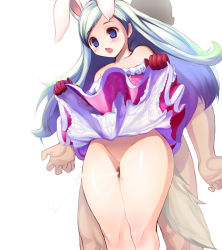 Rule 34 | 1boy, 1girl, :&lt;, animal ears, bare shoulders, blue eyes, blue hair, blush, bottomless, bunny girl, censored, clothes lift, cum, dress, dress lift, ejaculation, elin, faceless, faceless male, fuyu, gloves, gradient hair, hetero, hip focus, long hair, multicolored hair, no panties, penis, projectile cum, pussy, rabbit ears, simple background, skirt, skirt lift, standing, tail, tera online, thick thighs, thigh sex, thighs, white background, white hair, wide hips