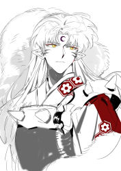 Rule 34 | 1boy, absurdres, armor, closed mouth, demon boy, facial mark, forehead mark, highres, inuyasha, japanese armor, japanese clothes, kukuish, long hair, looking to the side, male focus, parted bangs, pointy ears, portrait, red pupils, sesshoumaru, shoulder spikes, sketch, solo, spikes, upper body, white background, white fur, white hair, yellow eyes