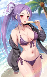 1girl beach bikini black_jacket blue_sky blurry blurry_background breasts breasts_apart cloud commentary_request food front-tie_bikini_top front-tie_top hair_ornament halterneck highres holding holding_food holding_ice_cream ice_cream ice_cream_bar jacket kawase_seiki large_breasts long_hair looking_at_viewer mito_(sao) navel ocean off_shoulder open_clothes open_jacket outdoors palm_tree ponytail purple_bikini purple_hair red_eyes side-tie_bikini_bottom sky solo sweat swimsuit sword_art_online sword_art_online_progressive tongue tongue_out tree x_hair_ornament