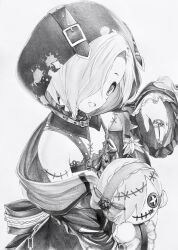 Rule 34 | 1girl, absurdres, character doll, detached hood, doll, greyscale, hair over one eye, highres, holding, holding doll, hood, hood up, idolmaster, idolmaster cinderella girls, jewelry, looking at viewer, monochrome, multiple rings, off shoulder, open mouth, ring, robe, sasa koutoyomu, shirasaka koume, short hair, simple background, solo, stitches, traditional media, upper body, white background, wide sleeves