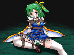 Rule 34 | 1girl, bdsm, blush, bondage, bound, breast bondage, breasts, daiyousei, embodiment of scarlet devil, female focus, frogtie, gag, gagged, green hair, hair ribbon, lilish, loafers, panties, pussy juice, ribbon, rope, shoes, short hair, side ponytail, solo, striped clothes, striped panties, sweat, tears, thighhighs, touhou, underwear, wet, wet clothes, wet panties, white thighhighs, wings, yellow eyes