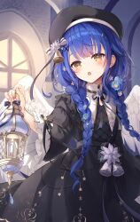 Rule 34 | 1girl, absurdres, amamiya kokoro, angel wings, bell, beret, black dress, black hat, black ribbon, blue hair, blush, braid, candle, chestnut mouth, collar, commentary, cowboy shot, dress, feathered wings, flower, frilled dress, frilled sleeves, frills, fuyoyo, hair bell, hair flower, hair ornament, hat, highres, holding, holding lantern, lantern, long hair, long sleeves, looking at viewer, low twin braids, neck ribbon, nijisanji, open mouth, ribbon, sidelocks, solo, star (symbol), star hair ornament, twin braids, virtual youtuber, white collar, window, wings, x hair ornament, yellow eyes