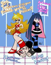 Rule 34 | blonde hair, blue eyes, english text, long hair, multicolored hair, multiple girls, panty &amp; stocking with garterbelt, panty (character), stocking (character), striped clothes, striped legwear, striped thighhighs, thighhighs, two-tone hair