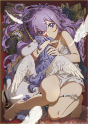 Rule 34 | 1girl, absurdres, alternate costume, azur lane, babydoll, barefoot, blunt bangs, commentary request, falling feathers, feathers, feet, full body, highres, jewelry, lei li, lingerie, long hair, looking at viewer, lying, negligee, on back, pillow, purple eyes, purple hair, ring, smoking pipe, solo, stuffed winged unicorn, toes, underwear, unicorn (azur lane), wedding band, wings