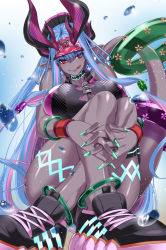 Rule 34 | 1girl, ass, bare shoulders, black footwear, black one-piece swimsuit, blue hair, blush, body markings, breasts, cleavage, collarbone, colored skin, covered navel, dark-skinned female, dark skin, earrings, fate/grand order, fate (series), fetal position, grey skin, hair between eyes, hat, highleg, highleg swimsuit, highres, horns, ibuki douji (fate), ibuki douji (swimsuit berserker) (fate), ibuki douji (swimsuit berserker) (first ascension) (fate), ifuji shinsen, innertube, jewelry, large breasts, long hair, looking at viewer, multicolored hair, one-piece swimsuit, oni, oni horns, pink hair, pink hat, pink one-piece swimsuit, pointy ears, ponytail, red eyes, shiny skin, shoes, sidelocks, sitting, smile, sneakers, swim ring, swimsuit, tail, thigh strap, tongue, tongue out, two-tone swimsuit, very long hair, visor cap, wide hips
