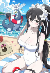 Rule 34 | 1girl, absurdres, baxcalibur, beach, black eyes, black hair, blue sky, breasts, cleavage, cloud, commentary request, commission, creature request, creatures (company), crossover, day, eggman (pixiv28975023), frosmoth, fubuki (senran kagura), game freak, gen 8 pokemon, hair between eyes, highres, large breasts, long hair, looking at viewer, musical note, nintendo, ocean, one-piece swimsuit, oucean, outdoors, poke ball, poke ball (basic), pokemon, pokemon (creature), pokemon sv, ponytail, senran kagura, senran kagura estival versus, senran kagura shinovi versus, sitting, skeb commission, sky, swimsuit, white one-piece swimsuit